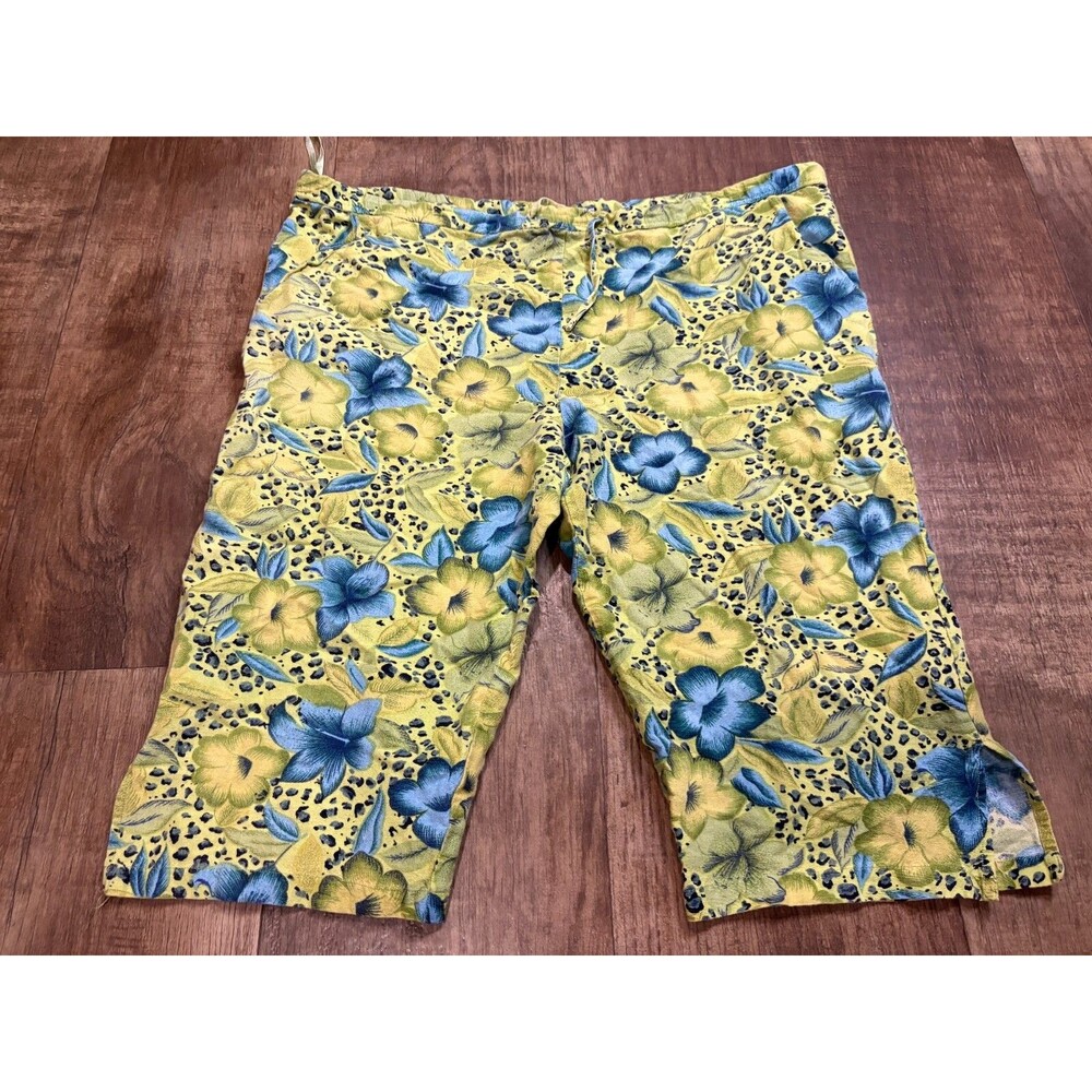 Kakcus Linen Rayon Shorts Womens Large Green Floral Colorful Draw String Rare